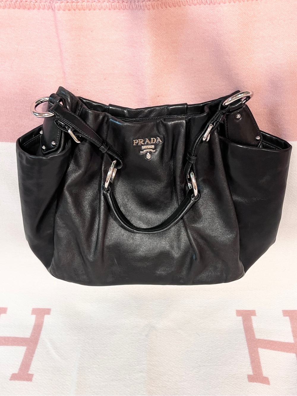 Prada Vitello Daino Super Soft! Black Leather Shoulder Bag with Silver